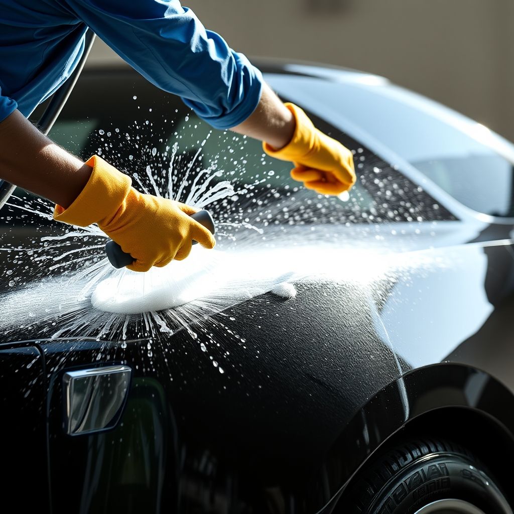 Un employé en blouse bleue et gants jaunes vifs pulvérise vigoureusement de l'eau sur une voiture noire brillante, créant une pluie de gouttelettes scintillantes. La lumière du soleil éclaire la mousse blanche sur le véhicule qui se détache nettement du fond flou. L'ambiance traduit énergie et fraîcheur, illustrant la transformation du véhicule lors de son nettoyage.