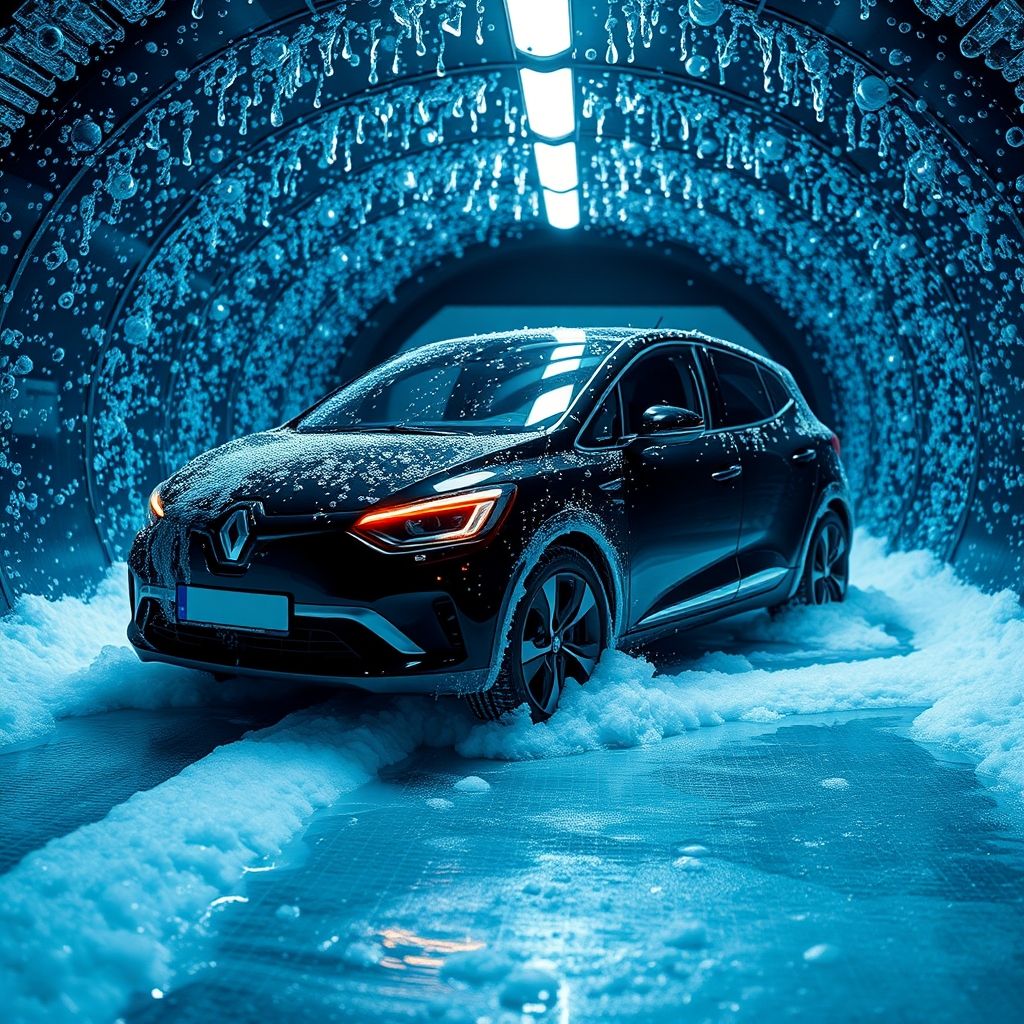 Une voiture noire élégante, partiellement recouverte de mousse et d'eau, est nettoyée dans un tunnel de lavage automatique entouré de brosses bleues vibrantes en mouvement. Le véhicule est illuminé par une lumière ambiante qui met en valeur les gouttes d'eau qui glissent sur sa surface, créant un effet scintillant. En arrière-plan, des contours flous de machines soulignent la nature automatisée du lavage. La scène dégage un sentiment de mouvement et de propreté, avec un jeu dynamique d'eau, de mousse et de lumière, illustrant parfaitement le processus de nettoyage.