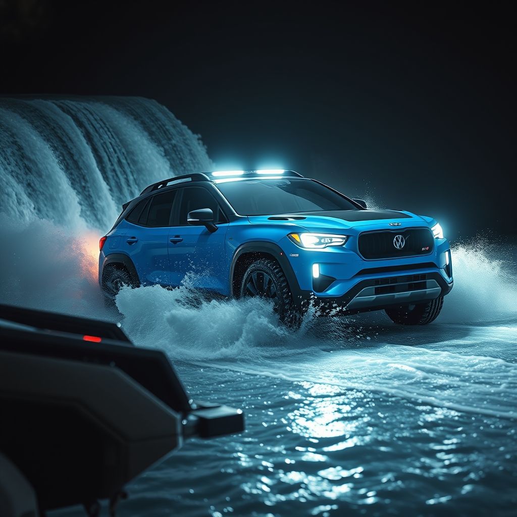 Une voiture de sport bleue traverse une cascade d'eau, créant des éclaboussures dramatiques qui scintillent sur un fond sombre flou. La surface polie du véhicule reflète des teintes vibrantes et la lumière, mettant en valeur ses lignes aérodynamiques et sa finition brillante. Des faisceaux lumineux accentuent le mouvement dynamique et l'écoulement de l'eau sur la carrosserie. L'atmosphère nocturne combinée à l'action intense évoque vitesse et adrénaline, capturant l'attention grâce à une composition puissante et énergique. L'ensemble reflète luxe et excitation, invitant à admirer l'ingénierie et l'esthétique du véhicule dans ce moment cinématographique vibrant.