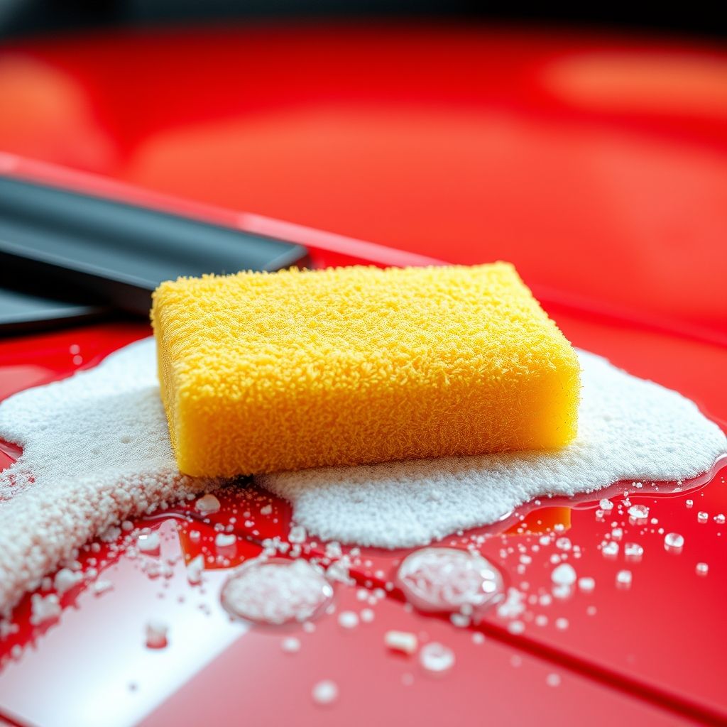 Une main gantée de noir frotte doucement la surface brillante d'une voiture rouge vif avec une éponge jaune, produisant une mousse abondante qui adhère à la peinture polie. La scène est bien éclairée, évoquant un espace intérieur de lavage ou de detailing, avec des reflets lumineux sur la carrosserie. Les bulles de savon glissent le long du véhicule, exprimant un nettoyage approfondi. La composition met en valeur le soin apporté tout en dégageant une atmosphère accueillante et rafraîchissante, symbolisant la fierté du travail bien fait.