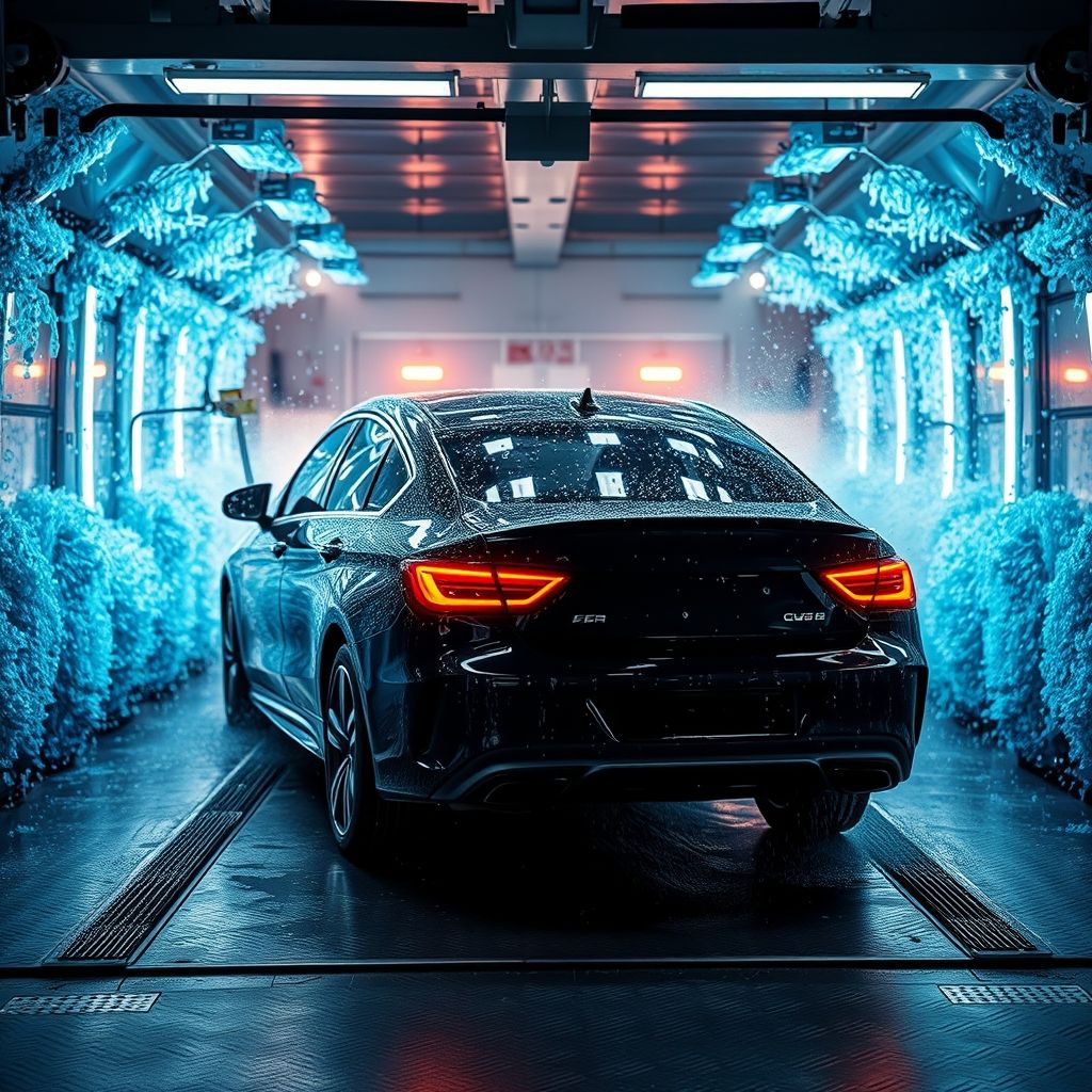 Une voiture noire élégante est lavée dans un tunnel automatique entouré de brosses bleues vibrantes en mouvement. La lumière ambiante met en valeur les gouttes d'eau sur la carrosserie, créant un effet scintillant. En arrière-plan, des machines floues soulignent le caractère automatique du lavage. La scène dégage un sentiment de propreté et de dynamisme, capturant le moment de transformation du véhicule.