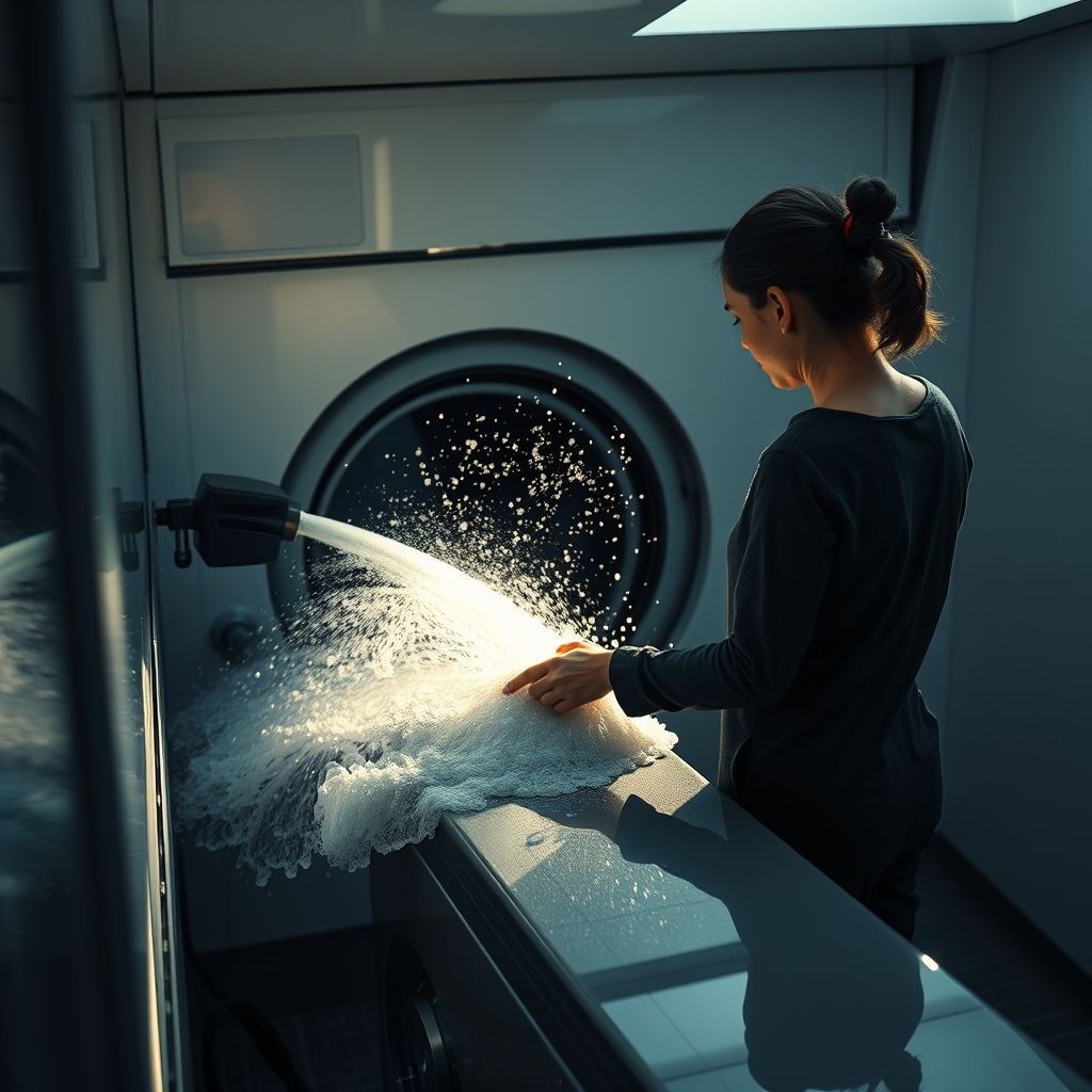 Une personne au premier plan nettoie activement une voiture noire dans une station de lavage automatique, utilisant un jet haute pression qui crée un flot d'eau savonneuse sur la surface. La voiture, partiellement cachée par la mousse et l'eau, affiche des jantes chrome brillantes contrastant avec la carrosserie sombre et élégante. De grandes fenêtres laissent entrer la lumière naturelle qui inonde l'espace, créant un cadre lumineux avec des reflets et des ombres douces sur le sol carrelé. L'ambiance est dynamique et fraîche, soulignant le processus de nettoyage avec des gouttelettes scintillantes mêlées à la mousse.