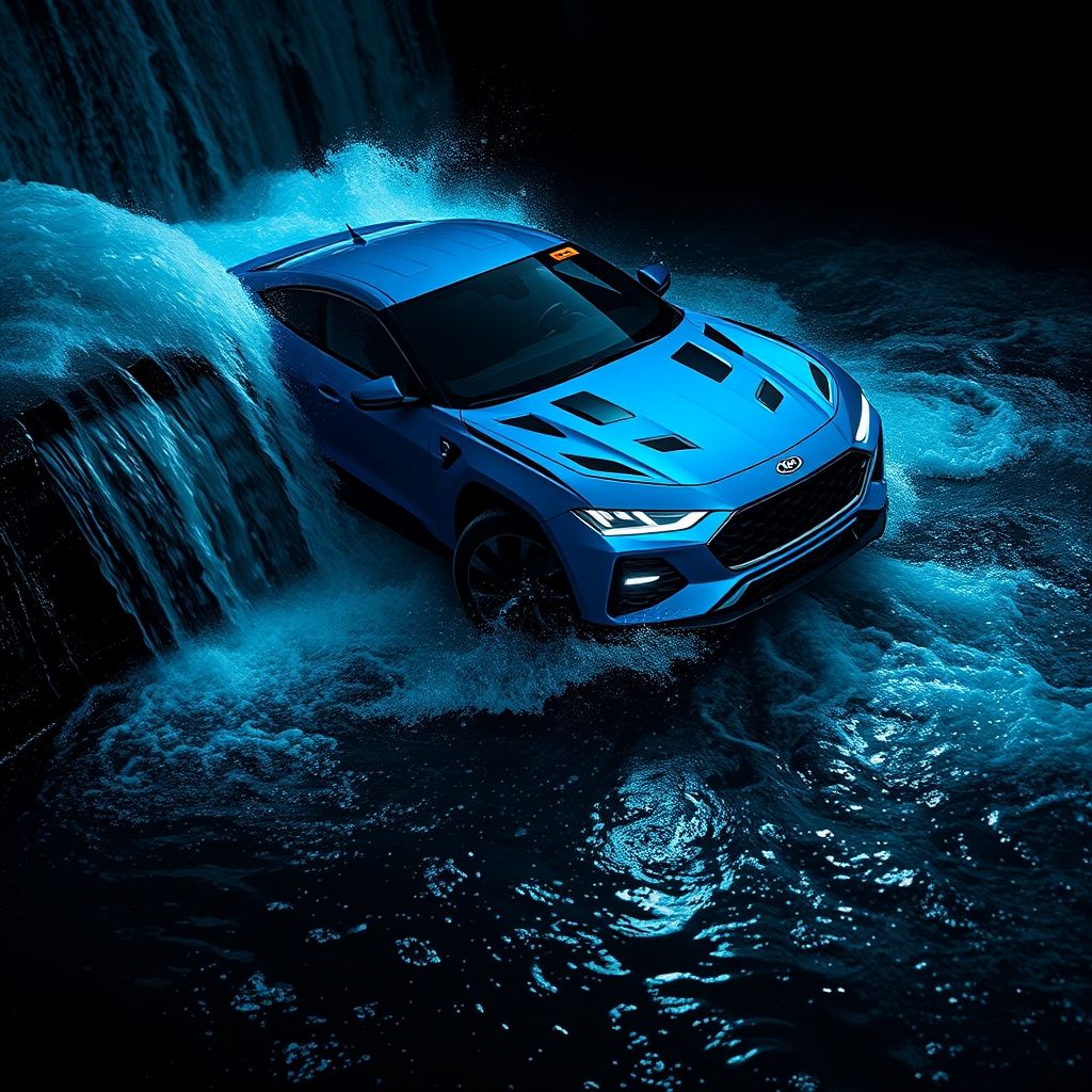 Une voiture de sport bleue traverse une cascade d'eau, créant des éclaboussures dramatiques qui scintillent sur un fond sombre flou. La surface polie du véhicule reflète des teintes vibrantes et la lumière, mettant en valeur ses lignes aérodynamiques et sa finition brillante. Des faisceaux lumineux accentuent le mouvement dynamique et l'écoulement de l'eau sur la carrosserie. L'atmosphère nocturne combinée à l'action intense évoque vitesse et adrénaline, capturant l'attention grâce à une composition puissante et énergique. L'ensemble reflète luxe et excitation, invitant à admirer l'ingénierie et l'esthétique du véhicule dans ce moment cinématographique vibrant.
