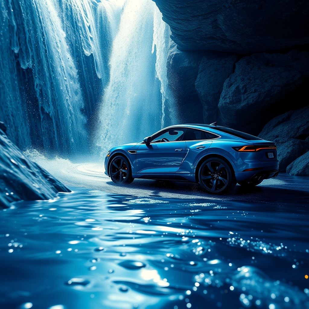 Une voiture de sport bleue traverse une cascade d'eau, ses surfaces lisses reflétant la lumière et mettant en valeur ses lignes aérodynamiques. L'atmosphère dynamique évoque rapidité et performance, tout en soulignant le soin apporté au nettoyage intérieur.